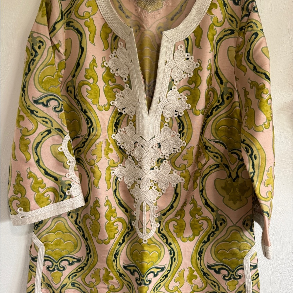 Pink & Green 100% Silk Scroll-Print Tunic with Ivory embroidered Trim